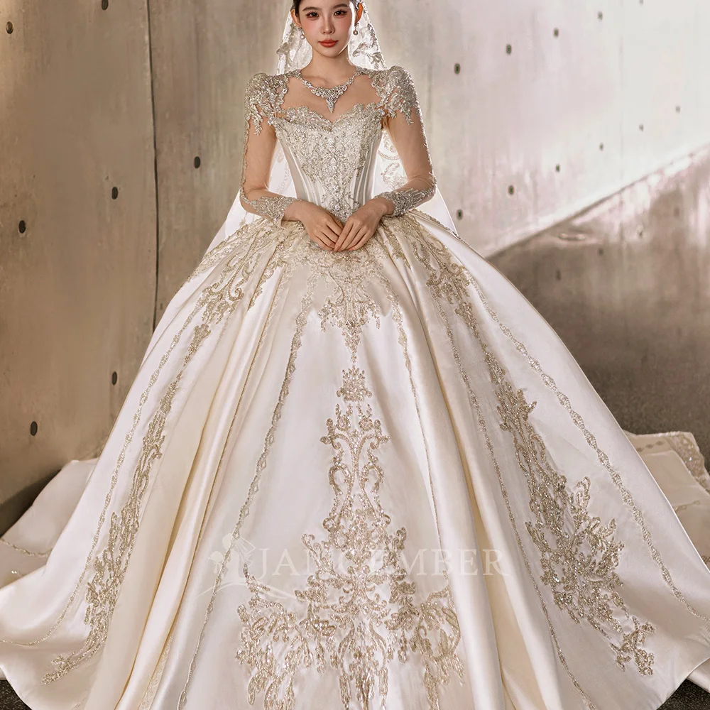 Exquisite Ivory Ball Gown Customized Wedding Dress Corset Long Sleeves Beading O-Neck Satin Train vestidos de novia boda