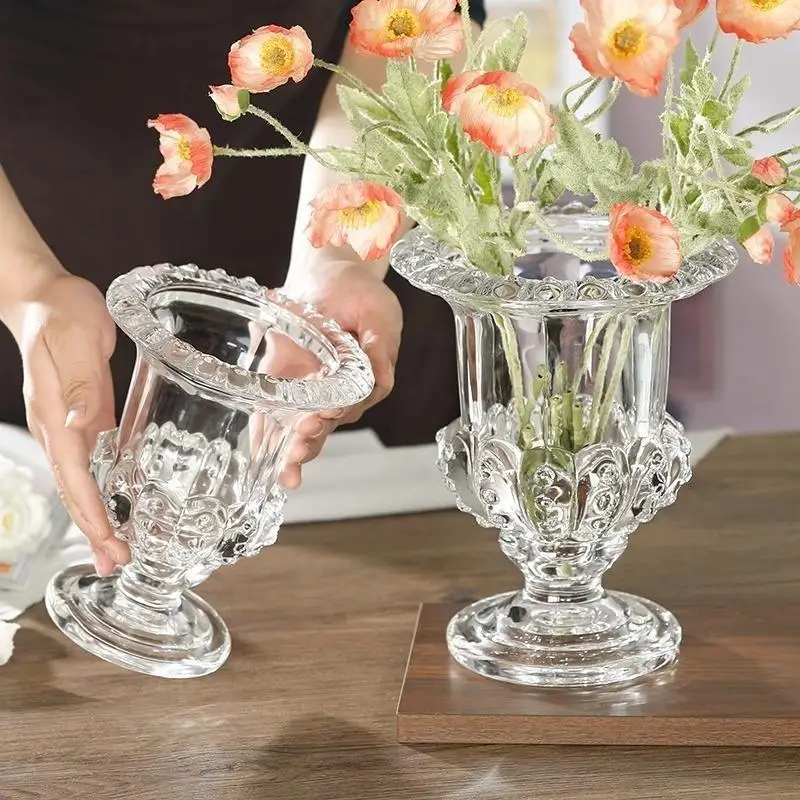 Transparent Light Luxury Vintage Roman Goblet Glass Vase, Retro Floral Display Desktop Decoration