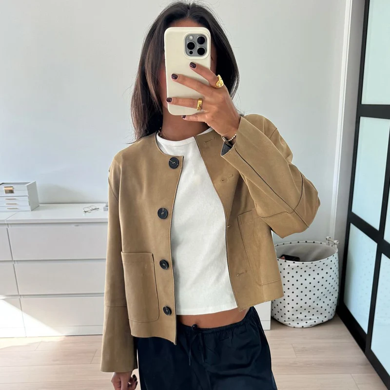 HXAO Crop Suede Jacket Women\'s Jacket Autumn Short Vintage Jacket Ladies Big Pockets O-Neck Long Sleeve Coats New In Outerwears