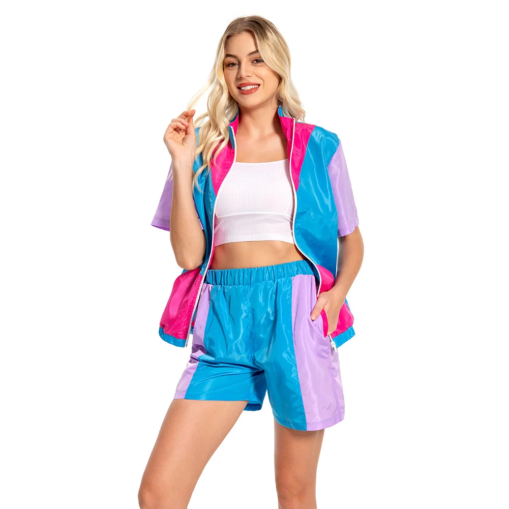 Frauen Retro 80er Jahre Cosplay Kostüm Mädchen mehrfarbige Kurzarm Jacke Mantel Shorts Sport bekleidung Halloween Karneval Party Anzug