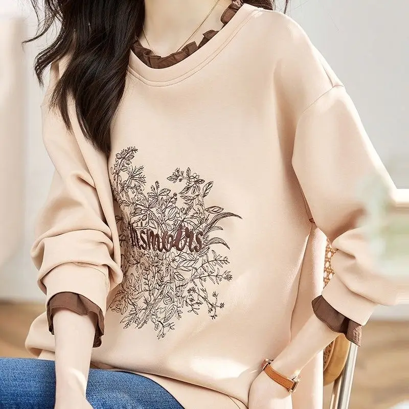 Fake Two Fashionable Loose Heavy Industry Hoodies for Women New Autumn and Winter Embroidered Long Sleeved Top Niche