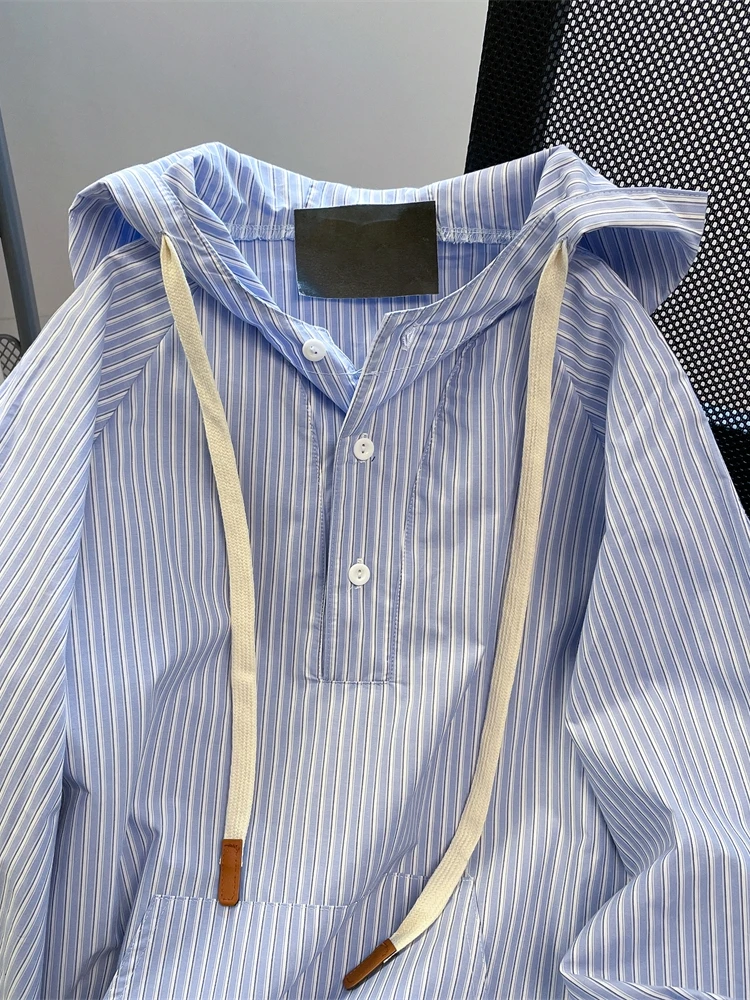 Hikigawa chique moda feminina estilo preppy japonês listrado com capuz camisas de manga longa outono casual todos os jogos blusaosp mujer