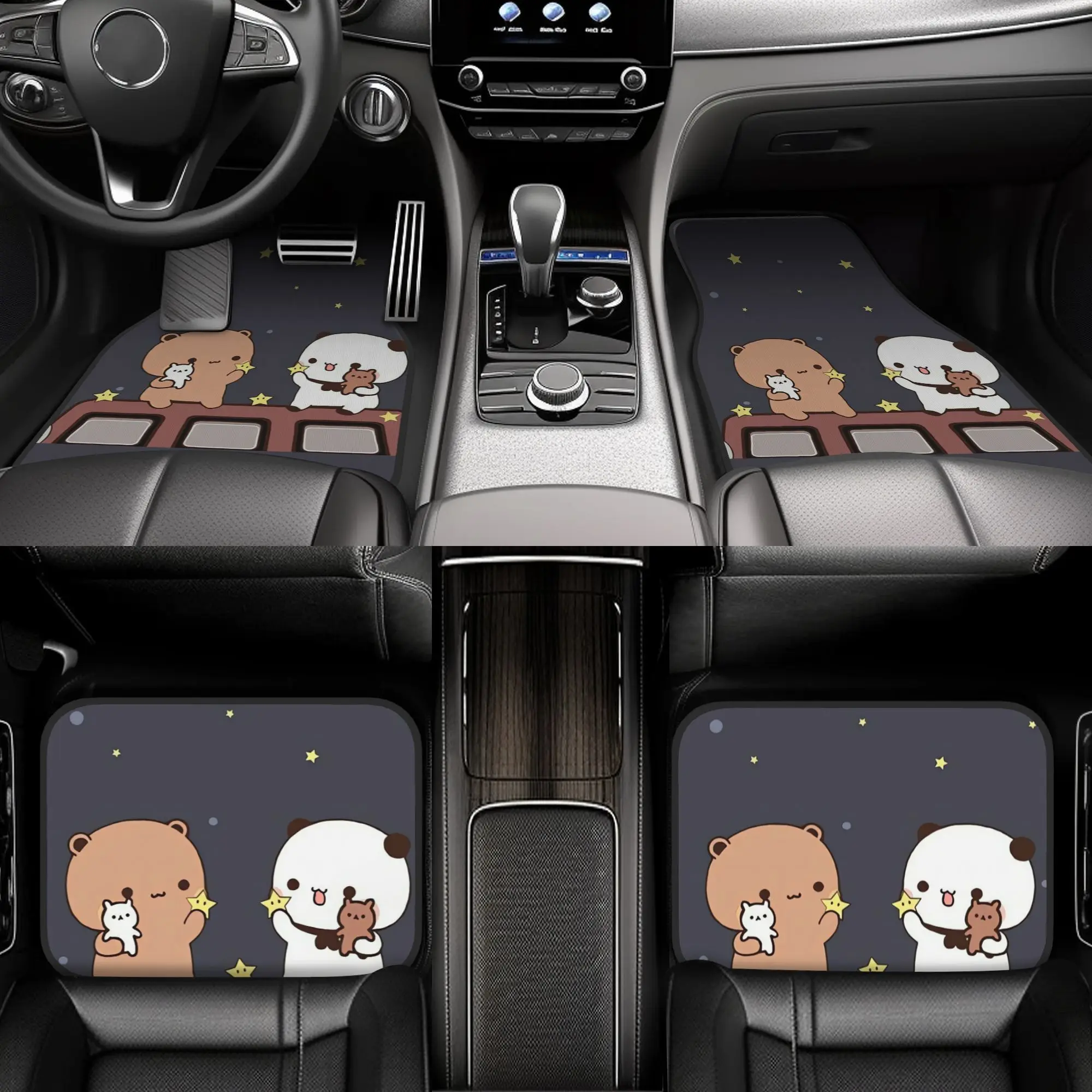 4pcs Bubu And Dudu Together Car Floor Mats - Durable Polyester Fiber, Playful Design With Cute Cartoon Characters, Non-Slip Grip