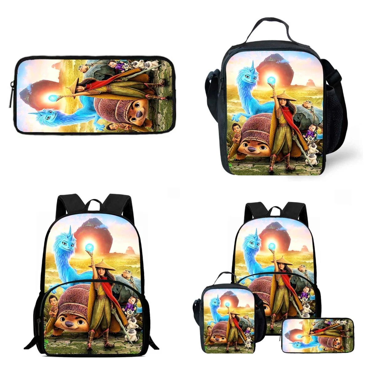 

3Pcs Set Disney Raya The Last Dragon School Backpack with Front Pouch,Lunch Bags,Pencil Bags ,Cartoon School Bags for Boy Girl