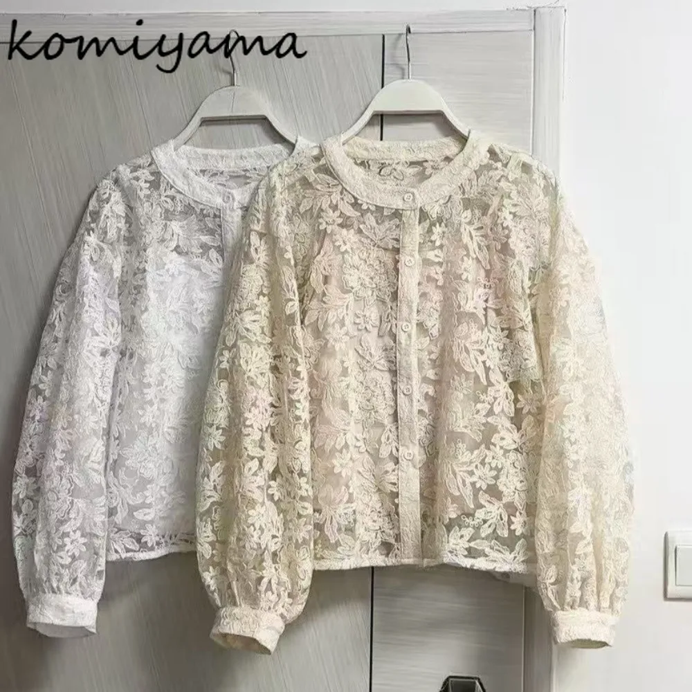 

Embroidery Lace 2025 Shirts & Blouses O-neck Bottomed Blusas Mujer Long Sleeve Woman Clothing Ropa Autumn Unique Camisas