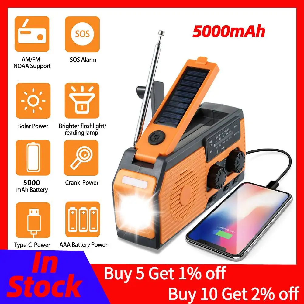 5000mAh Multifunctional Radio Hand Crank Solar USB Charging FM AM WB NOAA Weather Radio Emergency LED Flashlight Power Bank