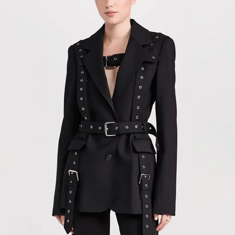 

Elegant Slim-Fit Waist Suit Coat for Women Studded Fashion Jacket Lace-Up Black Autumn