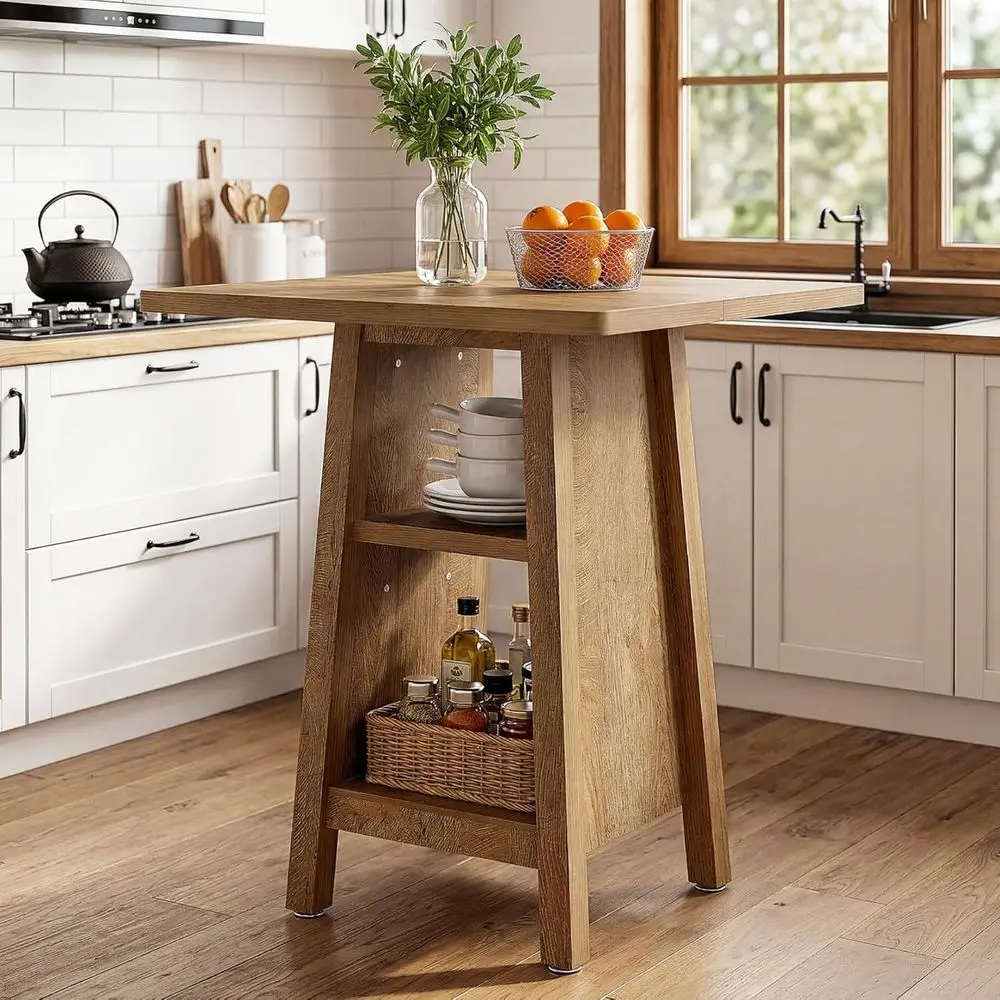 

3-Tier Square Counter Height Kitchen Island with Storage, Rustic Brown Wood Coffee Bar Table for Dining and Living Rooms