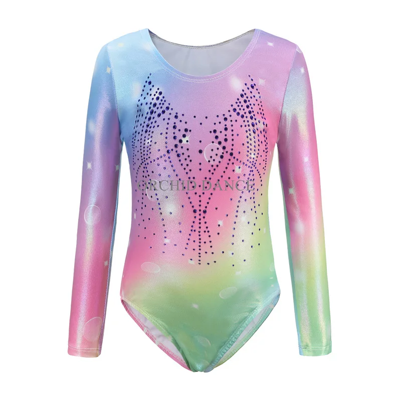 Cheap High Quality Children Kids Girls Long Sleeve Rhinestones Shiny Rainbow Gymnastics Leotard for sale