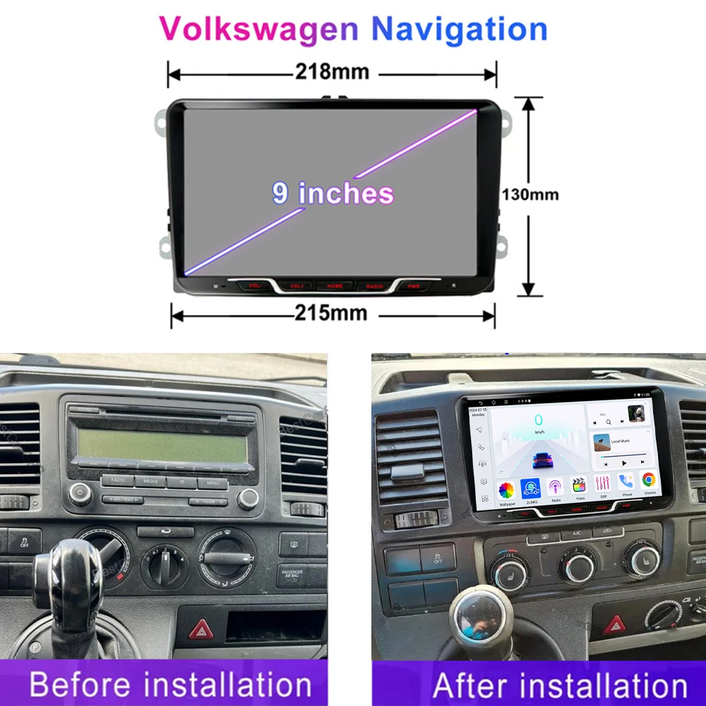 4G SIM GPS 9'' For WW T5 Transporter Multivan 2010-2013 Wireless Carplay Android 15 Car Radio Head Unit Intelligent System GPS