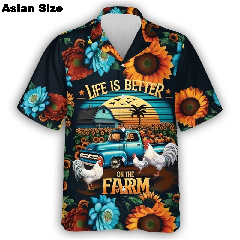 2025 Farmer Tractor Men's Shirts Lapel Streetwear Casual Shirt For Men Street Farmland Short Sleeve Top Daily Hawaiian Shirts