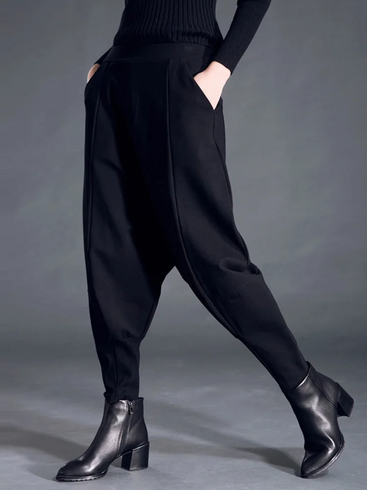 [EAM] High Elastic Waist Black Pocket Thick Patchwork  Harem Pants New Trousers Women Fashion Tide Spring Autumn 2024 SA155