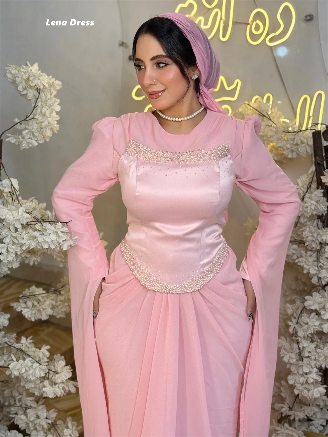레나 맞춤 제작 고급 파티 드레스 여성용 2025 긴 소매 웨딩 이브닝 드레스 우아한 파티 드레스 여성용 2025 핑크