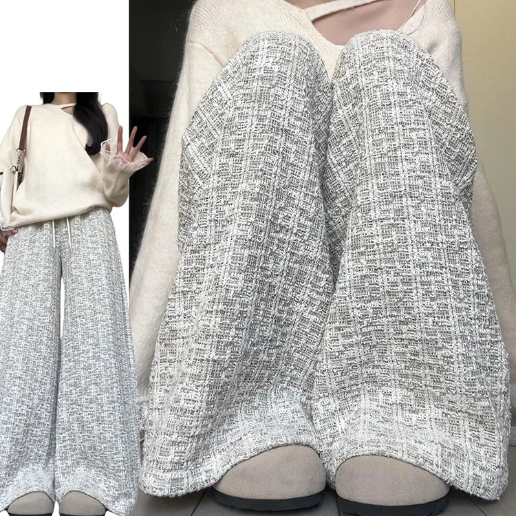 Coreano Sle Doce Pequeno ence Malha Calça Casual Feminina Outono Inverno Nova Pequena Fraança Vento Emagrecimento Drape Alta Wai...