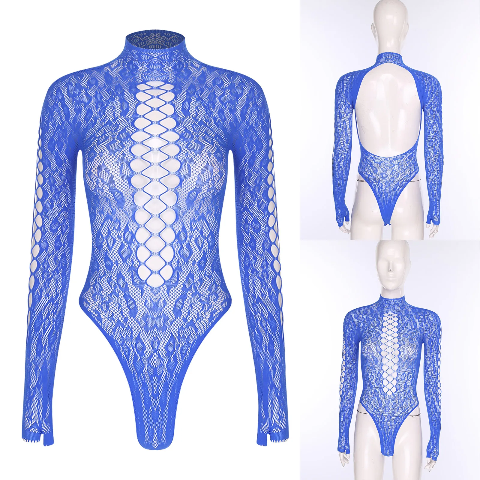 

Women Lingerie See Through Fishnet Bodysuit Long Sleeve Back Hollow-out Stretchy Slim Jumpsuit Beachwear Bikini Cover-up Leotard