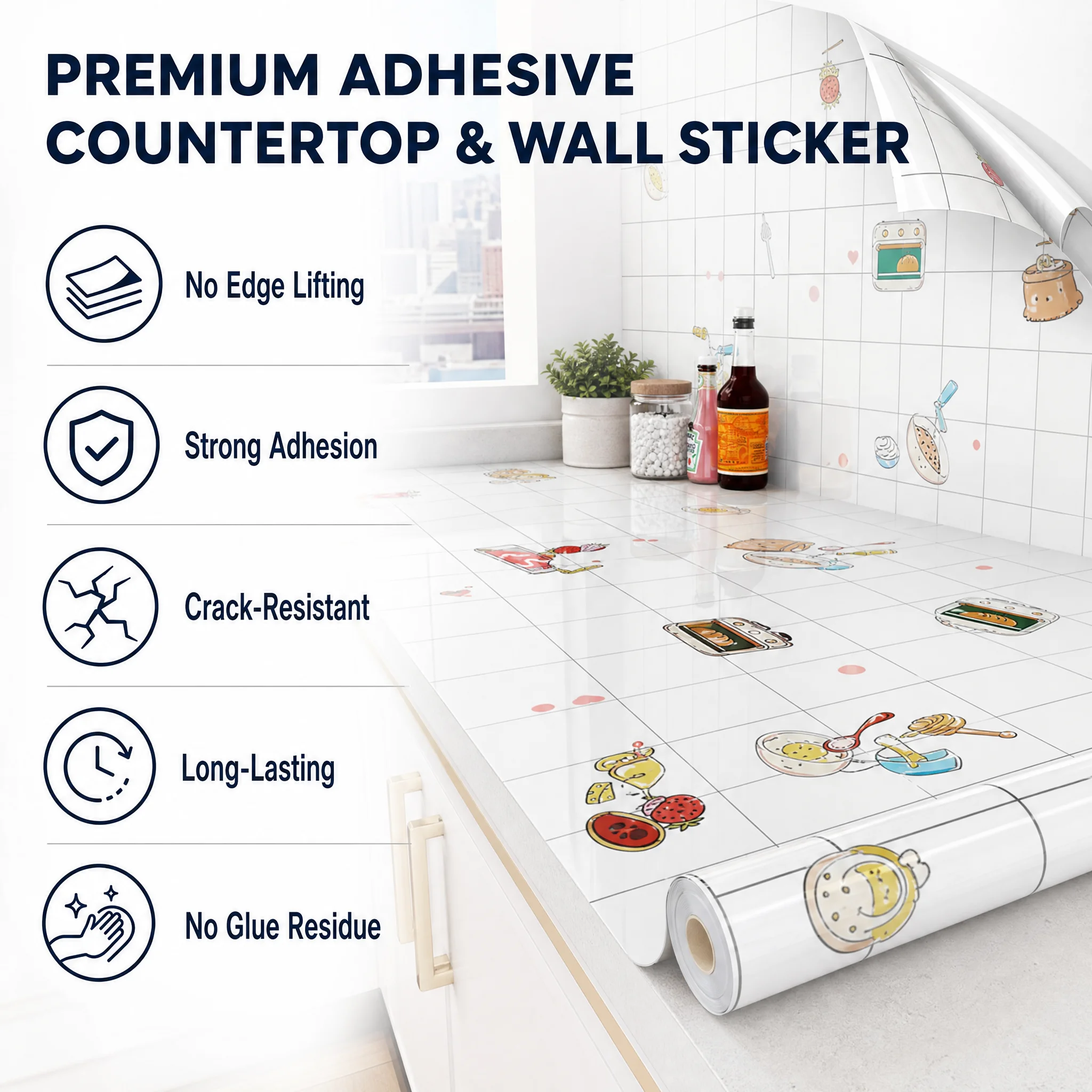 6/8M Cute Cartoon Kitchen Food Self‑Adhesive Wall Stickers Removable PVC Wall Decals for Kitchen Tile Bedroom Home Decoration