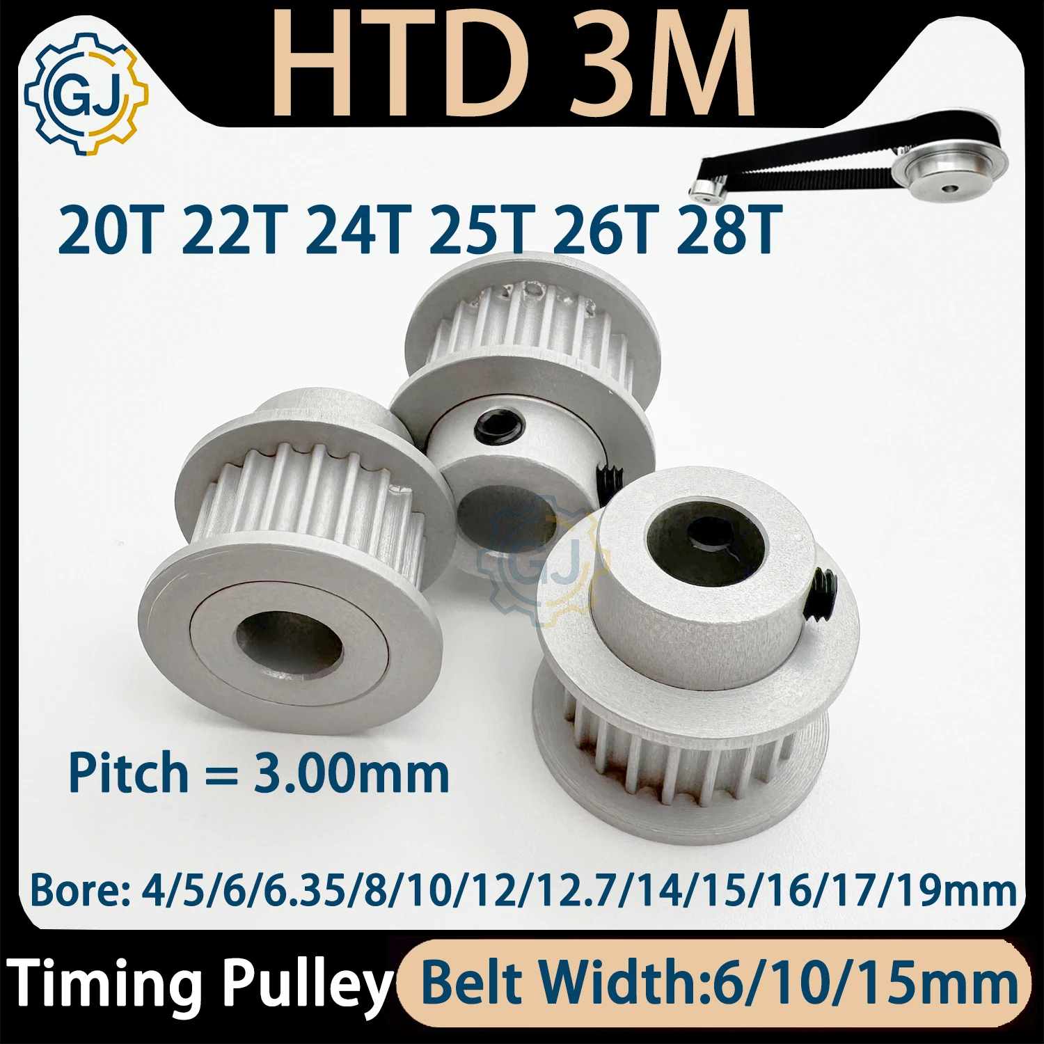 HTD 3M Timing Pulley 20T 22T 24T 25T 26T 28T 3M Pulley 20Teeth 24Teeth 25Teeth 26Teeth 28Teeth Width 6/10/15mm HTD3M Belt Pulley