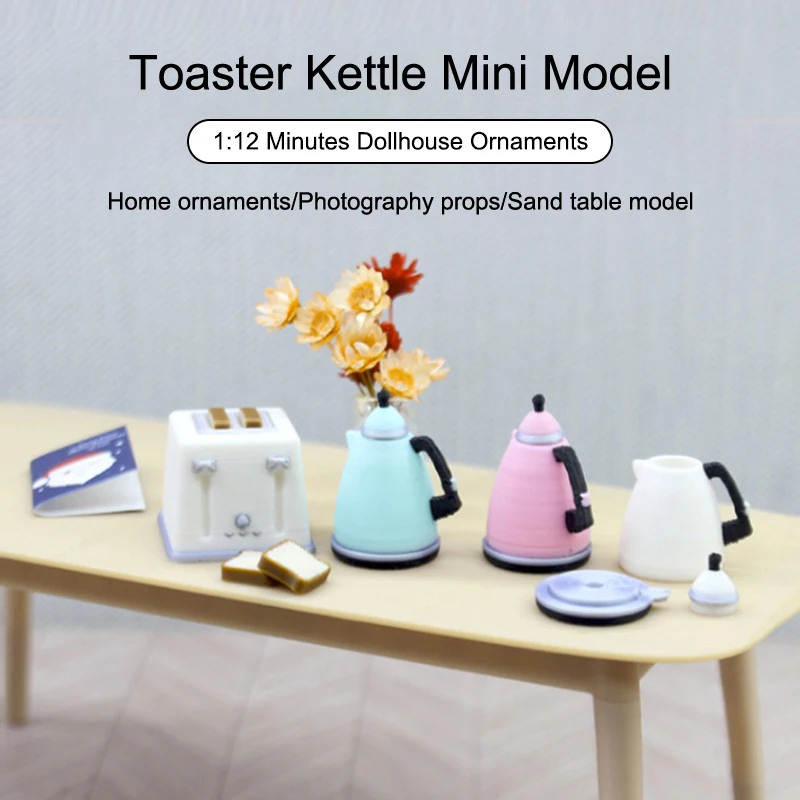 Tetera tostadora para casa de muñecas, modelo de simulación, muebles de cocina en miniatura, decoración, juguetes para juego de imitación para niños, 1:12