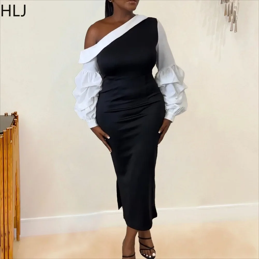 

HLJ Black Elegant Lady Off Shoulder Lantern Sleeve Bodycon Long Dresses Women Pacthwork Slim Slit Vestidos Fashion OL Clothing