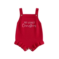 Baby Girl Knit Romper Sleeveless Square Neck Letter Print Ruffle Bodysuit Newborn Overalls 4