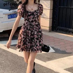 Women Floral Print Sweet Puff Sleeve Korean Preppy Style High Waist Mini Dress Students Girl Summer Elegant Square Neck Vestidos