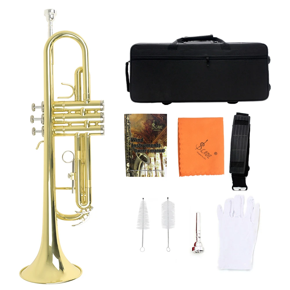 SLADE Trumpet Bb B Flat Brass Material Trumpet Professional Musical Instrument With Case Mouthpiece Gloves Cleaning Cloth Strap