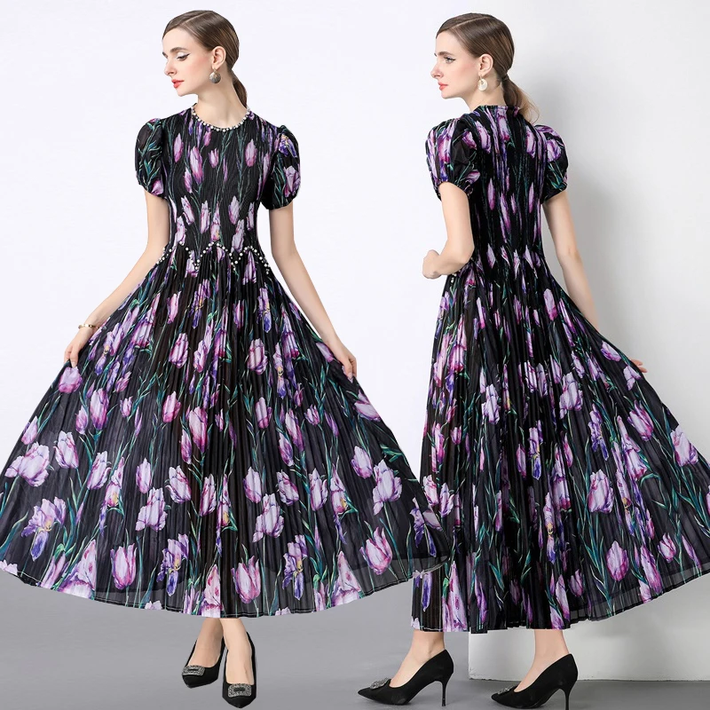 Abito Lungo da Cerimonia con Stampa Floreale, Silhouette a Linea A, Stile Elegante e Raffinato