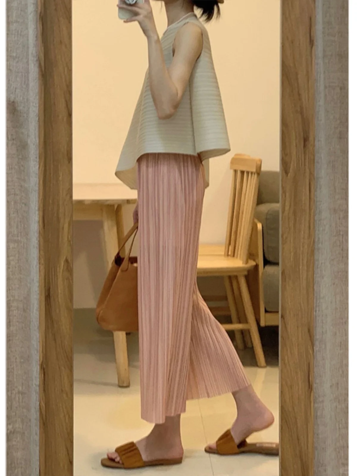 아세테이트 플리츠 와이드 레그 팬츠 여성용 9부 얇은 루즈핏 스트레이트 캐주얼 바지 하이웨이스트 여름 패션