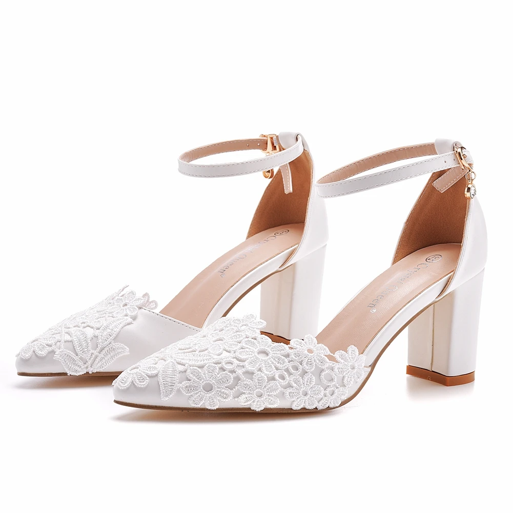 Crystal Queen Fashion Sexy Elegant Trendy High Heels Ankle Strap Summer Party Sandals Women White Lace Wedding Shoes