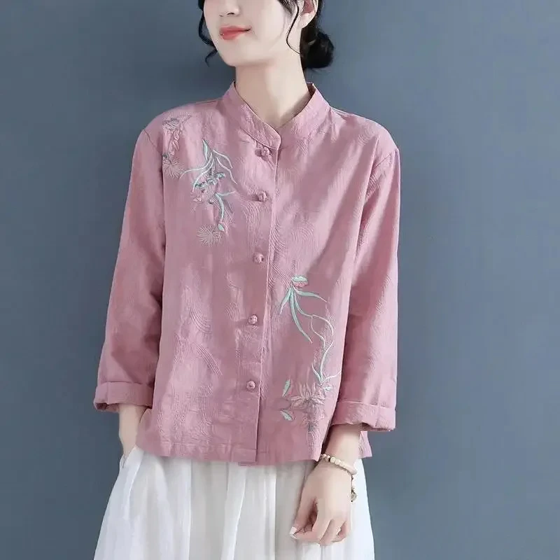 Women\'s Long-sleeved Clothes Chinese Traditional Oriental  Cotton Linen Vintage Hanfu Tops Tea Art Oriental Tang Suit Retro Top