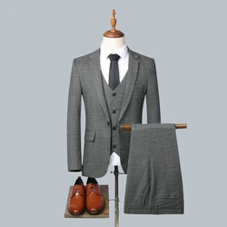 Slim Fit Three-Piece Set Business Casual Wedding Suit Vest Trousers Matching Autumn Winter Fashion Handsome Outfit 2024