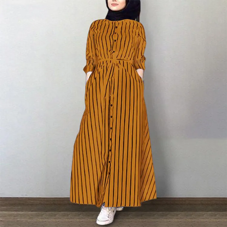 Women Muslim Dubai Abaya Kimono Striped Long Dress Kaftan Islam Clothing Button Shirt Maxi Dresses Vestidos Robe African Abaya