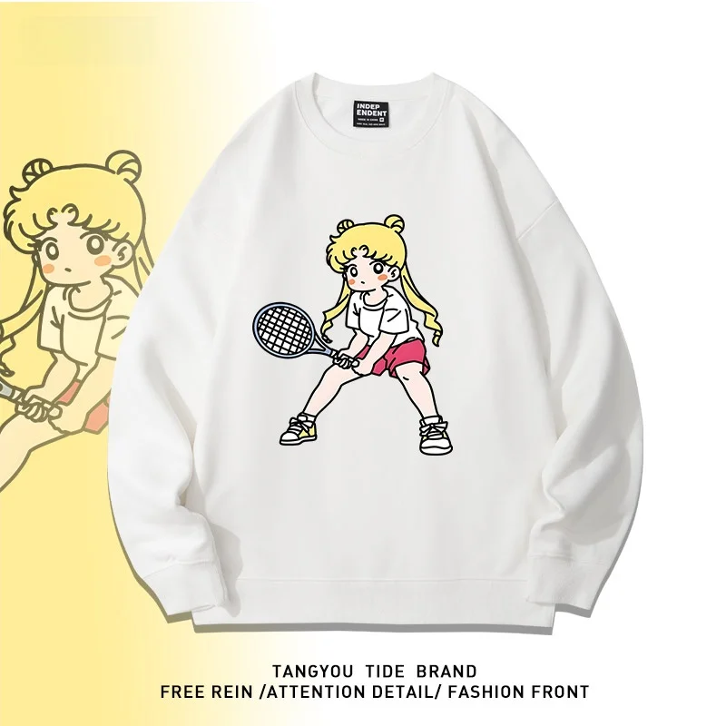 

Loose Fit Cartoon Print Sailor Moon Fitn Sweatirt Casual Autumn Winter Top ex Comfortable Cotton Long Sve round Ne