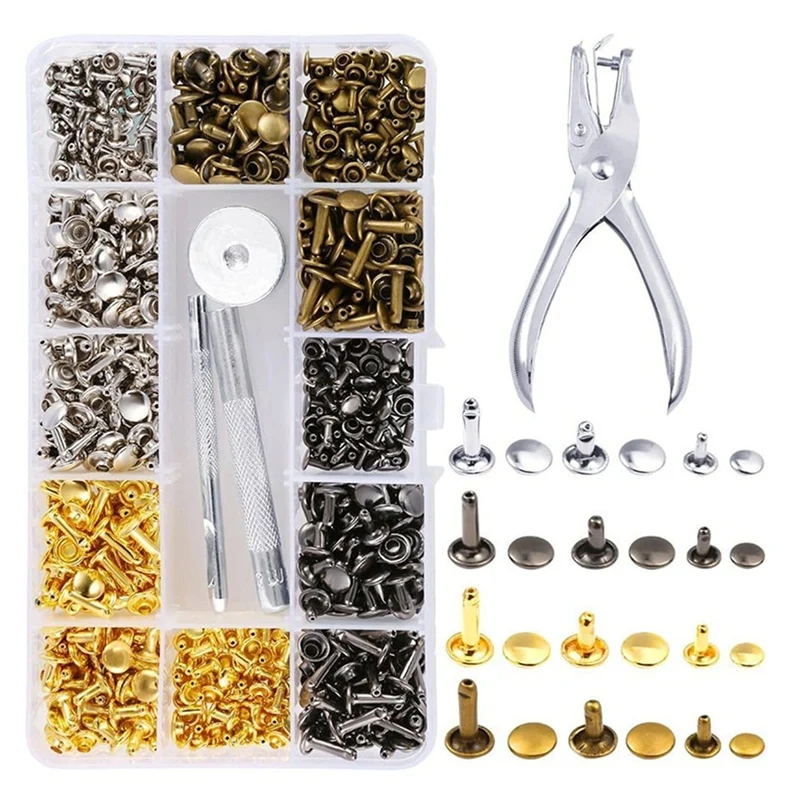 Kit de rebite de couro quente, 180 conjuntos de rebites de tampa dupla tubulares, rebites e encaixes de couro de 4 cores e 3 tamanhos, para couro fino, jaqueta