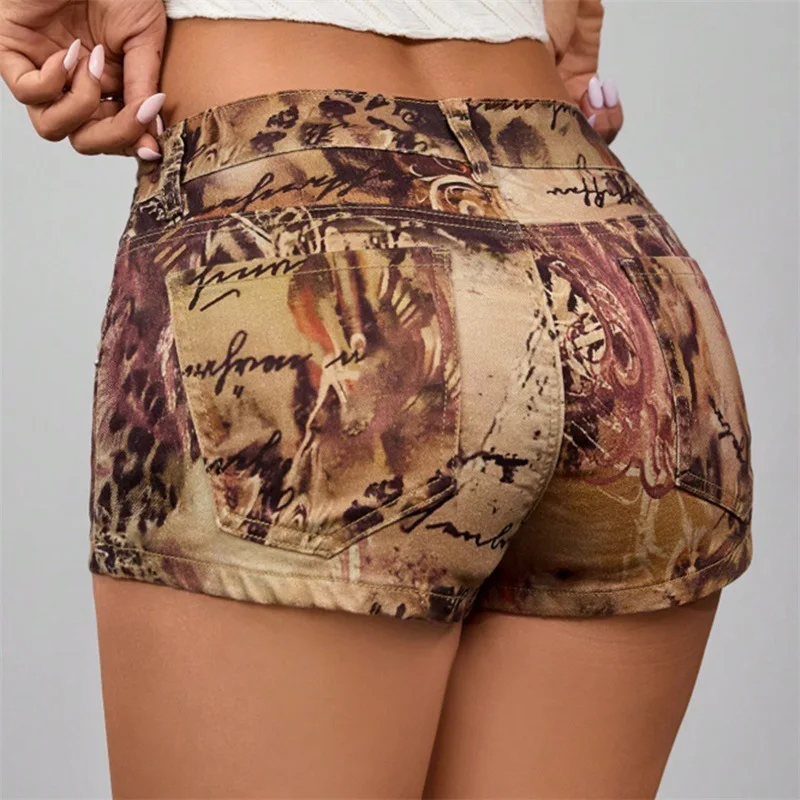 2026 New Women's Dark Brown Sexy Tight Mid Waist Printed Denim Shorts