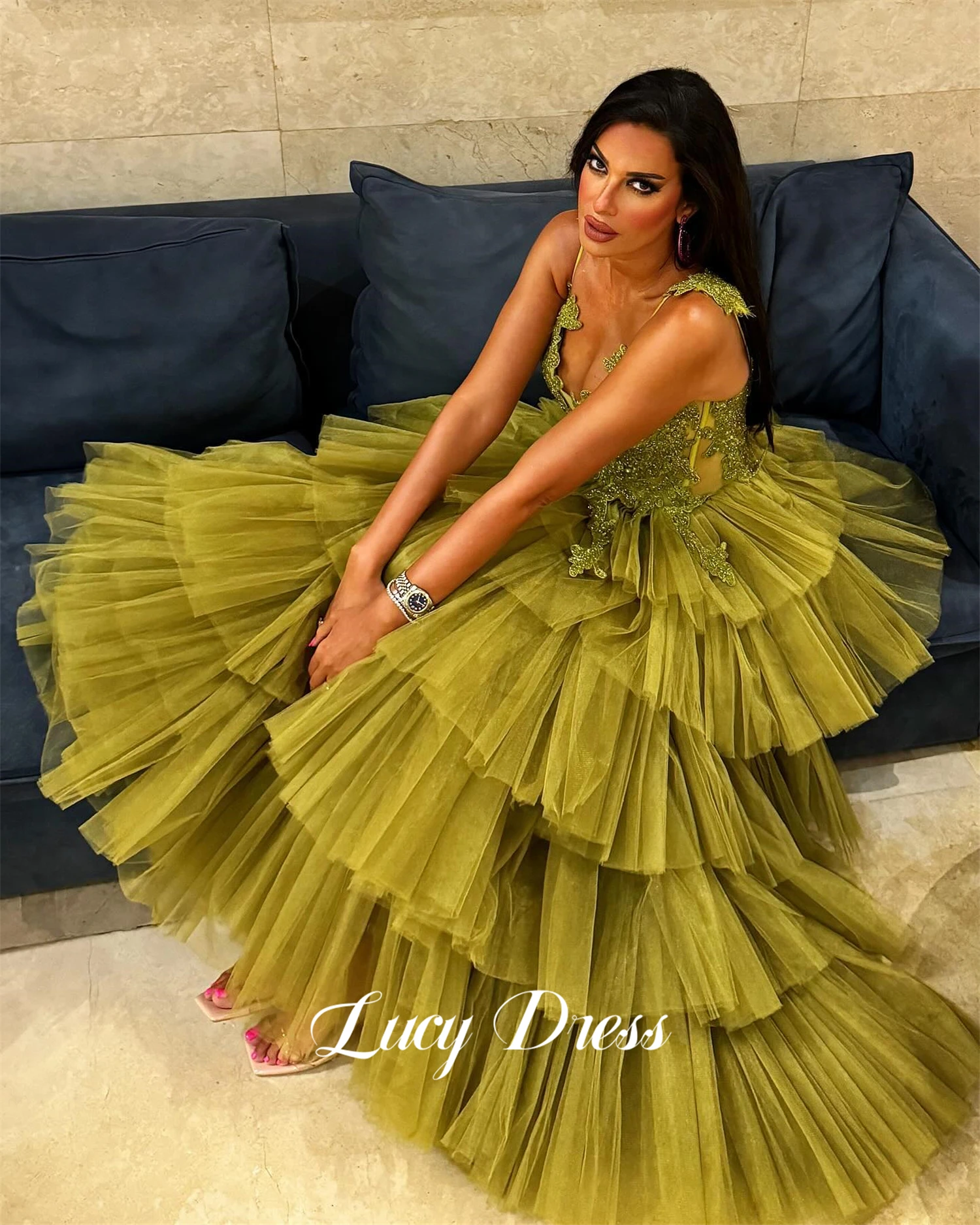 

Lucy Party Dress Green Wedding Mesh Layering Prom Robe De Soiree Femmes Cocktail Dresses for Special Occasions Gala Customized