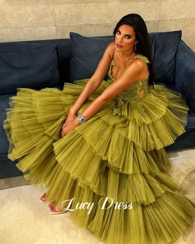 루시 파티 원피스 그린 웨딩 메쉬 레이어링 무도회 로브, 특별 행사 갈라 맞춤형 칵테일 드레스