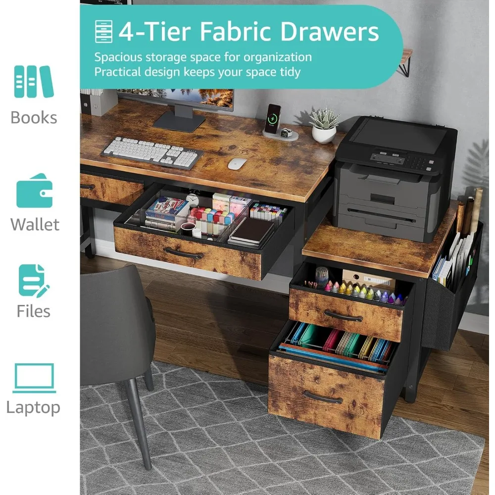 مكتب خزانة ملفات بأدراج قماشية مع حامل طابعة، مكتب مكتب منزلي مقاس 57 بوصة للمساحات الصغيرة