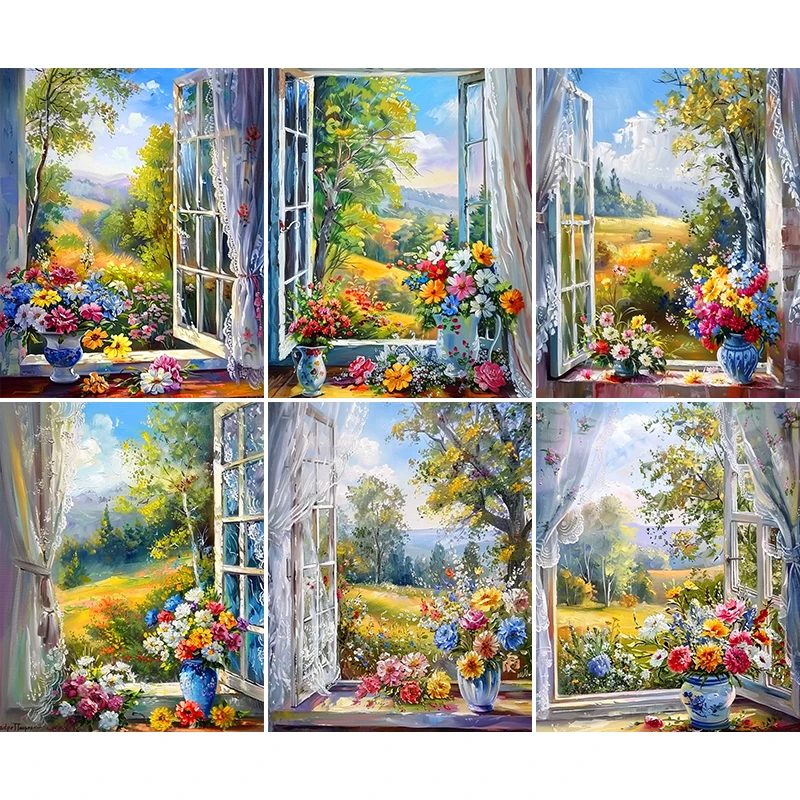 Painting By Numbers Flowers On the Windowsill Acrylic Paint Canvas Dropshipping Portrait Family Children Photo Christmas gifts