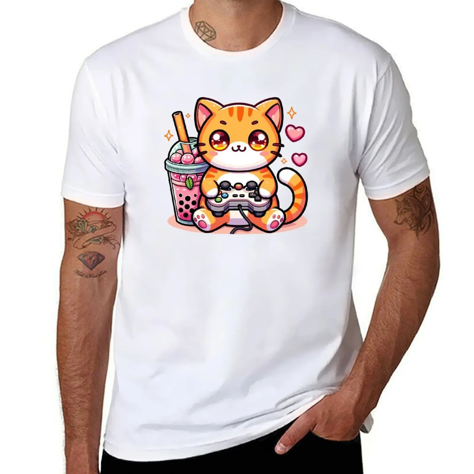 

Kawaii Orange Cat Drinking Boba Tea Bubble Tea,Gamer Girl,Kawaii Neko Cat Playing Game T-Shirt anime t shirts for man T-Shirt