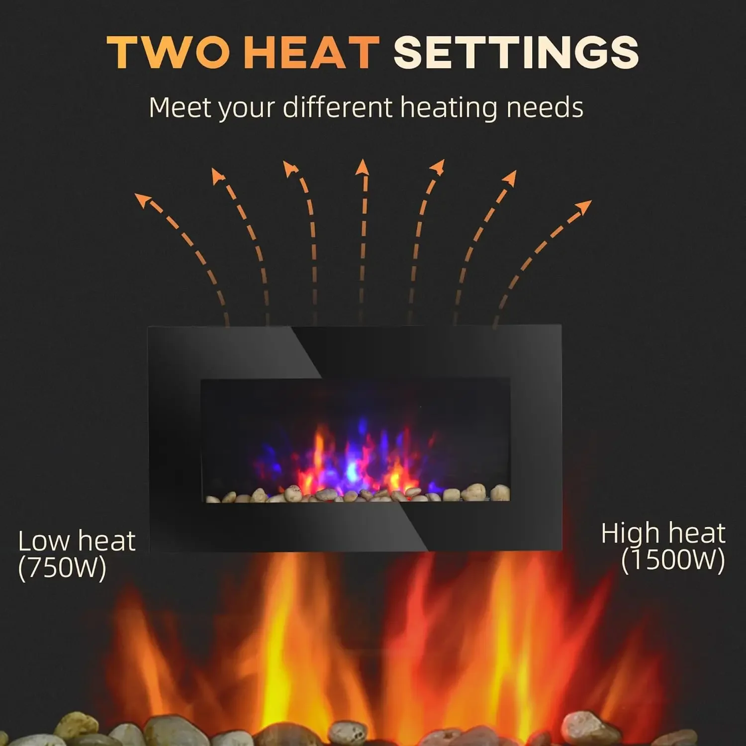 Lareira elétrica montada na parede de 28,5" 1500W com efeito de chama, luz de fundo de 7 cores, preta