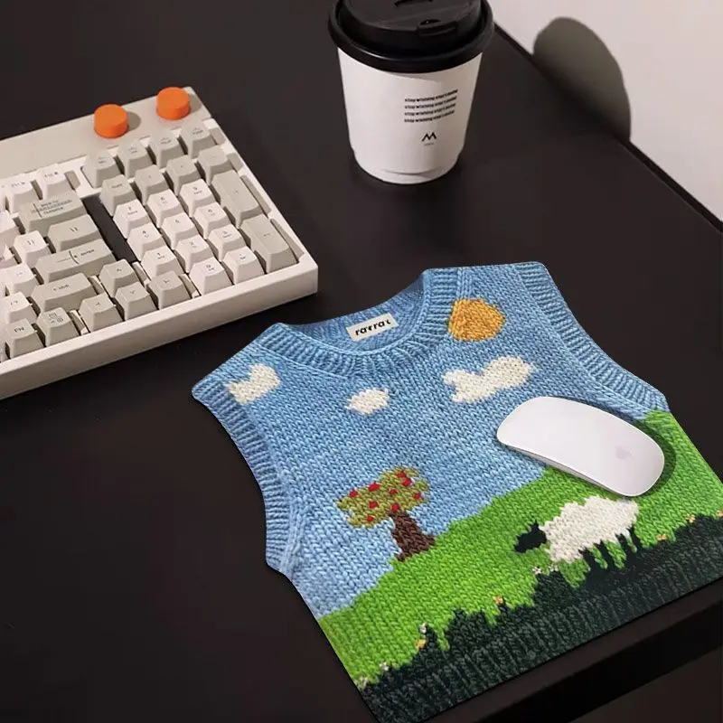 1pc schattig gebreide trui ontwerp muismat-schattige pixelboom, schapenlandschap gaming esthetiek, antislipbasis, wasbare bureaumat