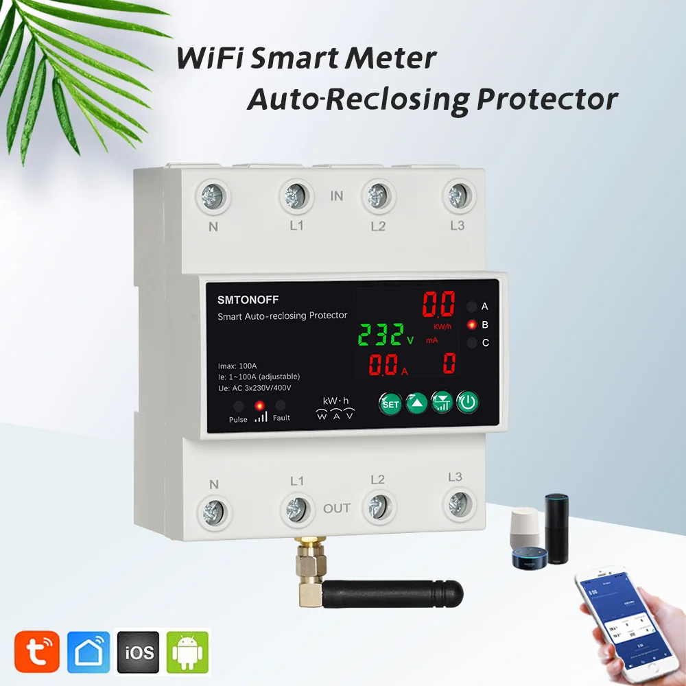 Tuya WiFi Drei Phase 4P 100A Auto-Wiedereinschaltung Über Unter Spannung Schutz Prepaid Meter Timer Schalter Stimme fernbedienung – Detail 1