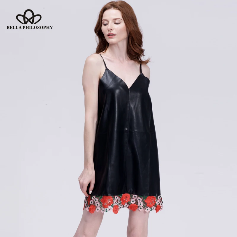 Bella Philosophy 2018 女性秋冬新作フェイクレザー PU キャミドレス刺繍花