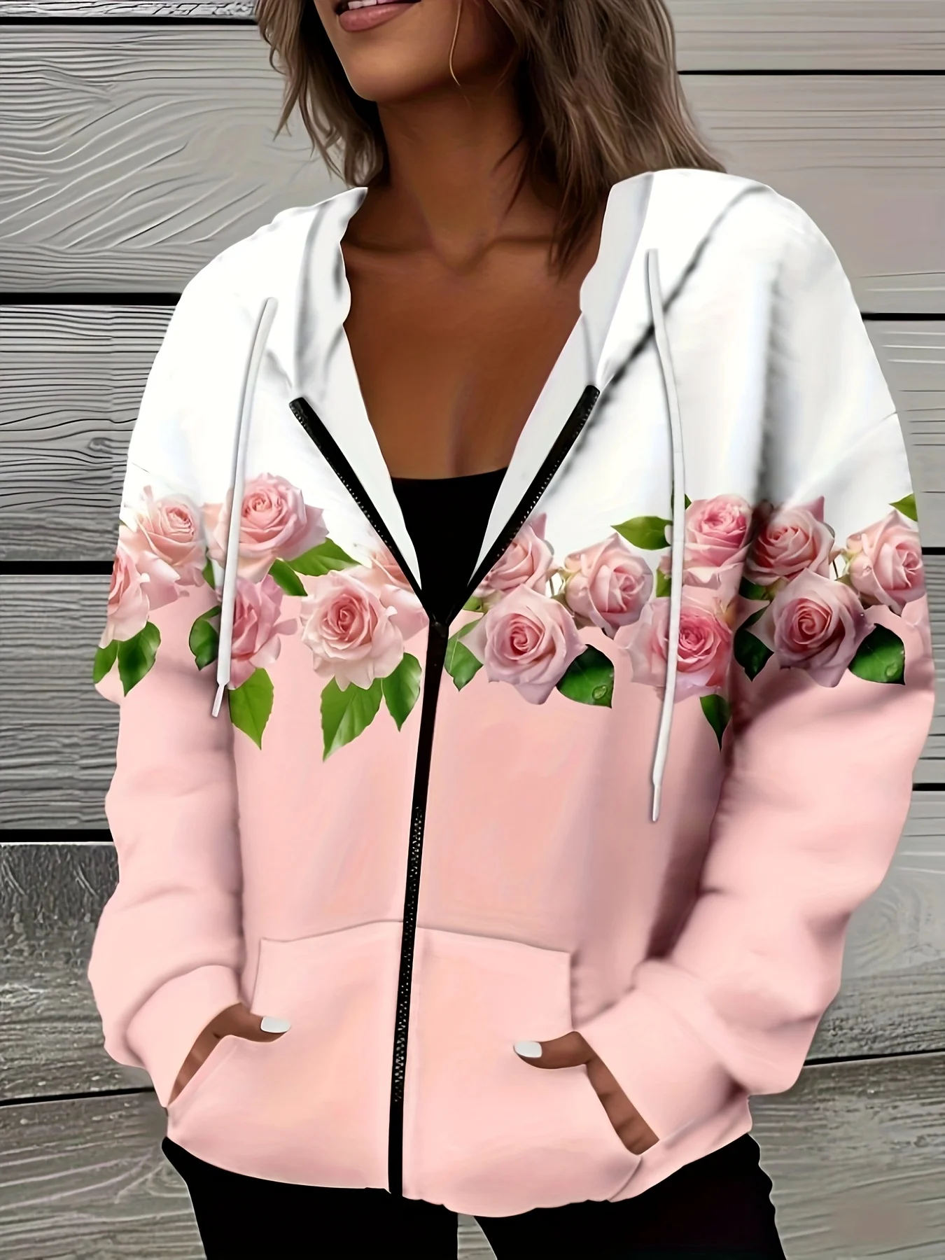 

Весенне-осенняя повседневная куртка с капюшоном и цветочным принтом розового цвета, женская легкая куртка на молнии с длинными рукавами, верхняя одежда