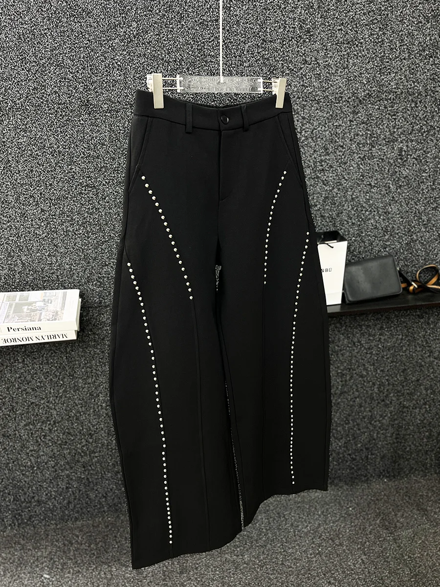 2025 New Korean Version of Scimitar Trousers Men's Fashion Casual Heavy Industry Willow Nails Loose Handsome Boys Mopping Pants