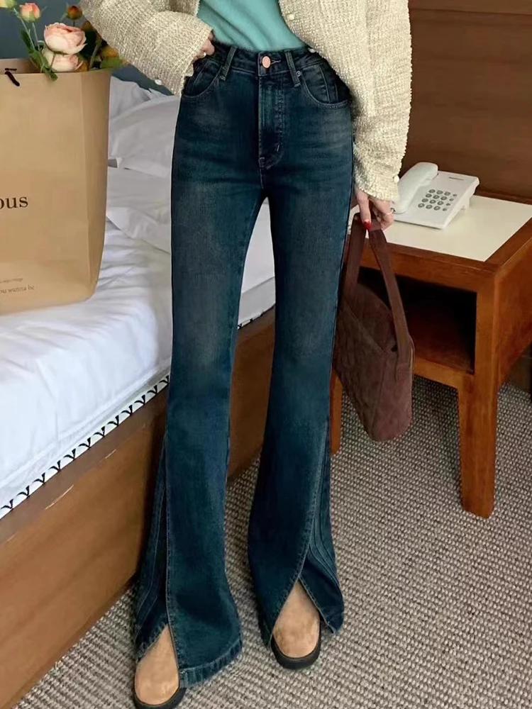 Retro Blue Winter New Flocking Stretch Flared Pants High-Waisted Split Jeans Woman Vintage High Elastic Trumpet Trousers Female