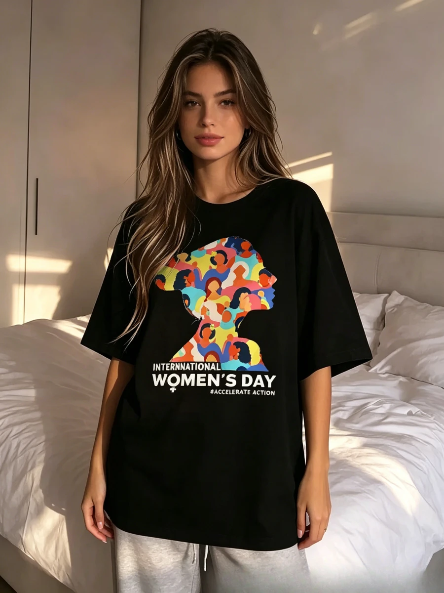 2026 Summer Women's 100% Cotton Oversized T-Shirt International Women's Day Print Loose Casual Streetwear Top