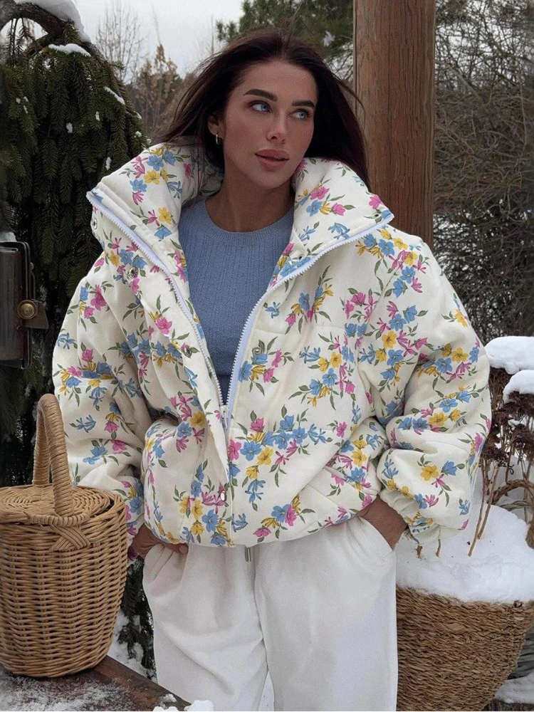 

Woman Clothing Floral Printed Quilted Coats for Women 2025 Autumn Winter Padded Outerwears Stand Collar Zipper Warm Parkas Tops