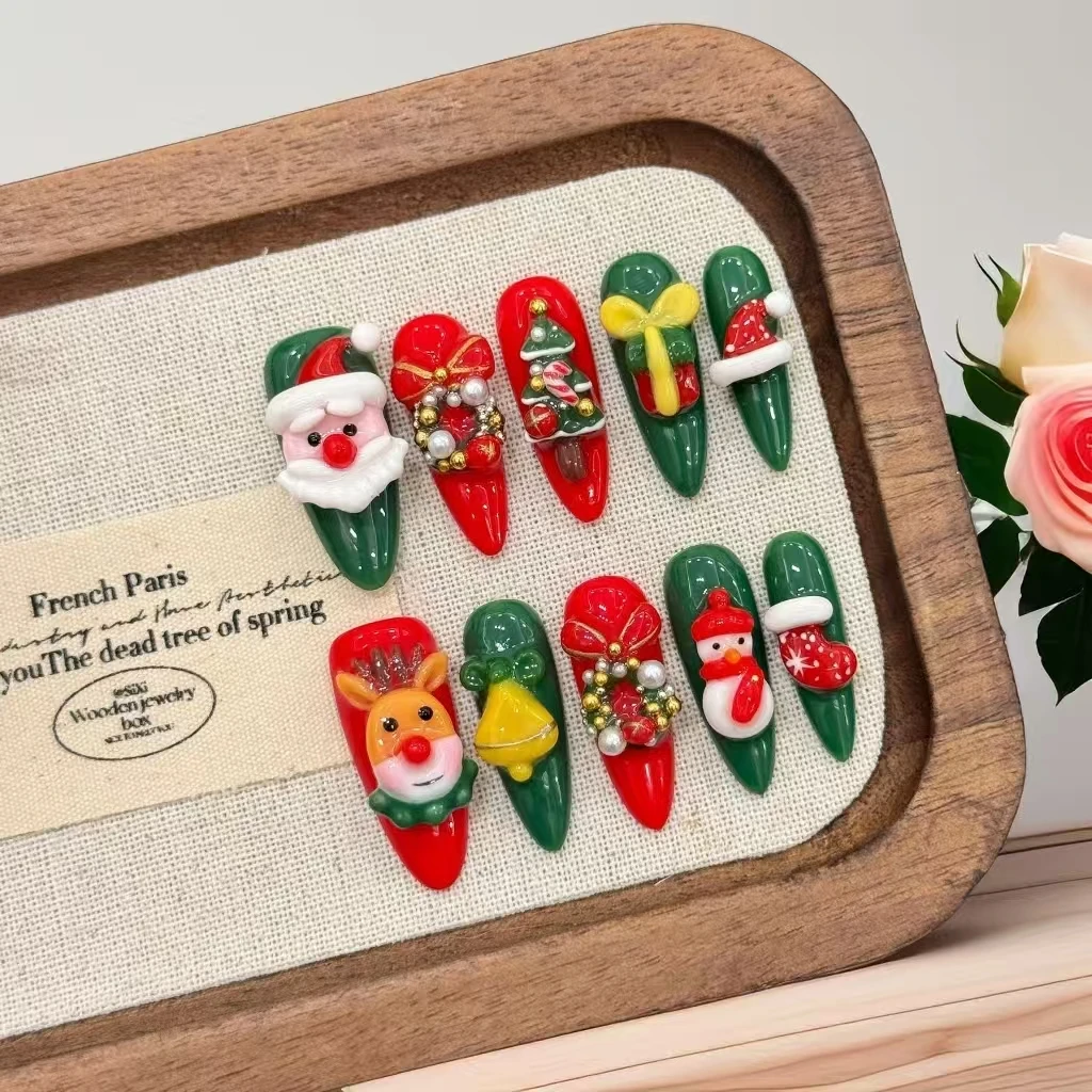 

10 шт. [Рождественский карнавал] Чистые рождественские новые наклейки ручной работы для маникюра с 4 шт. инструментами, клейкие вкладки для ногтей